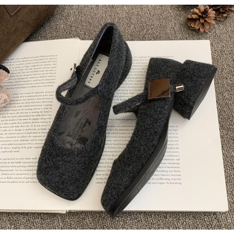 Fashion Spring Autumn Women's Luxury Party Shoes Medium Heel Retro Square Toe Velvet Mary Jane Shoes Flat Square Buckle Single Loafers