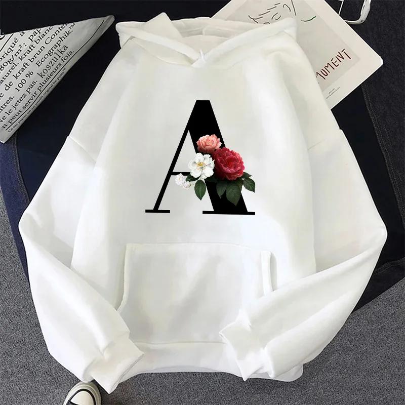 Letter A-Z Printed Womens Hoodies Casual Sweatshirts Sportswear Outdoors Sports Jogging Woman Clothing White Fashion Street Tops