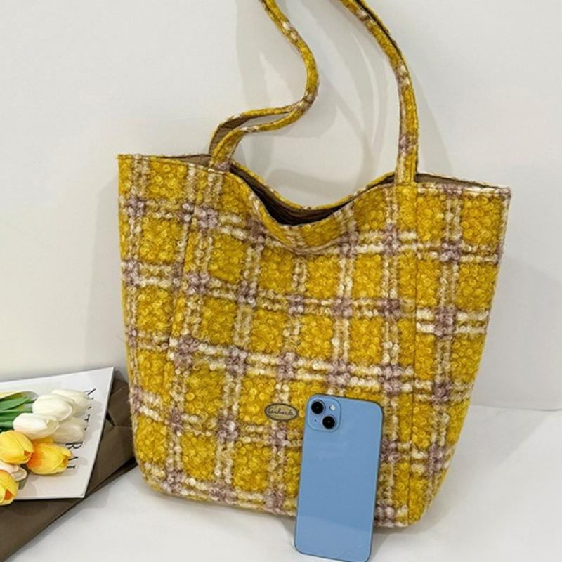 New Autumn Winter Fluffy Tote Crossbody Bag Fashi Plaid Textured Casual Shoulder Bag Large Capacity Casual Simple Storage Bag