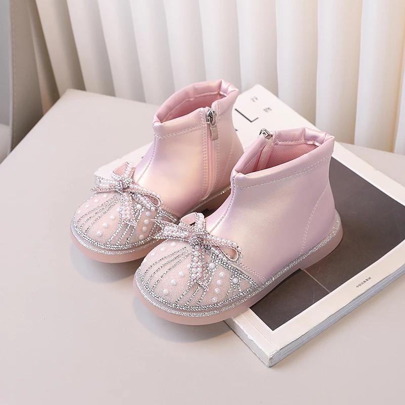 Mädchen Stiefeletten Prinzessin Stil Kinder Kurze Stiefel mit Süßer Schleife 2024 Brandneue Kinder Mode Stiefel mit Seitlichem Reißverschluss Rutschfest