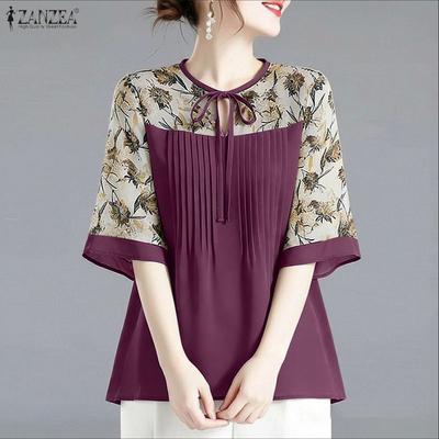 Women Casual Round Neck Print Splice Loose Half Sleeve Blouse