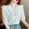 Summer Elegant Lace Chiffon Blouse And Shirt For Women 2026 Casual Ruffle Short Sleeve Top Sweet Ladies Loose Button Shirt 27045