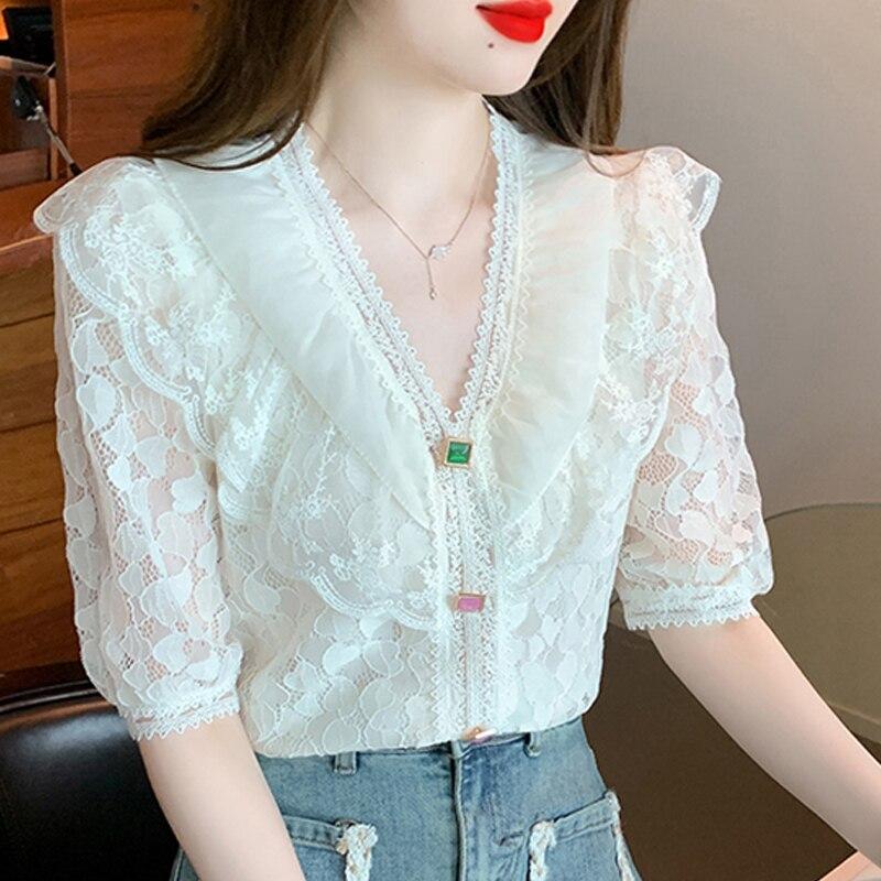 Summer Elegant Lace Chiffon Blouse And Shirt For Women 2026 Casual Ruffle Short Sleeve Top Sweet Ladies Loose Button Shirt 27045