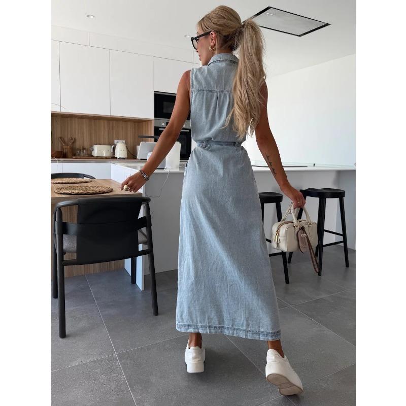 VEZFAA Dámská móda Léto Jaro Jednobarevný potisk Neformální šaty POLO bez rukávů s vysokým pasem