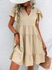 V-Neck Folded Sleeve Mid-Length Solid Color Dress - Casual & Comfortable