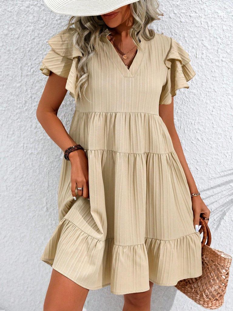 V-Neck Folded Sleeve Mid-Length Solid Color Dress - Casual & Comfortable