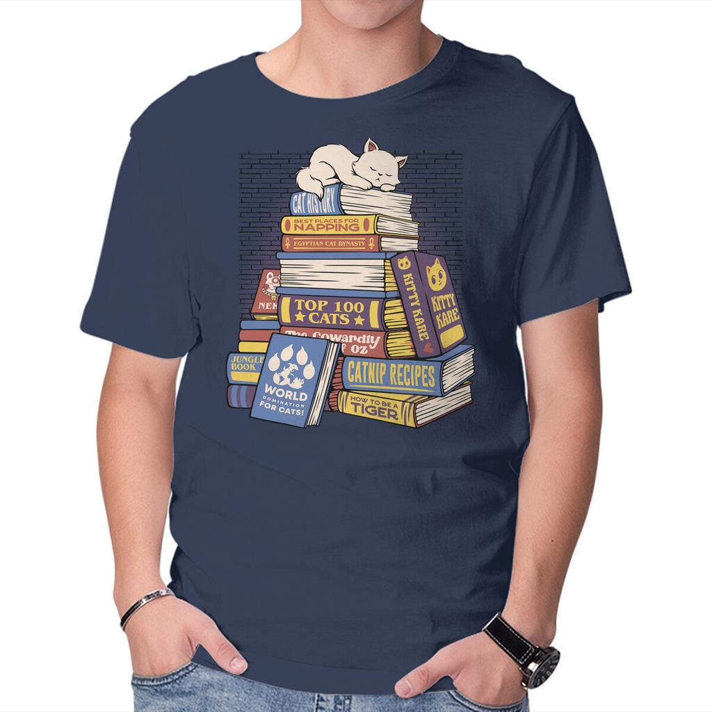 Unisex Crew Neck T-Shirt Cat Books Feline Library Graphic Short Sleeve Casual Tee