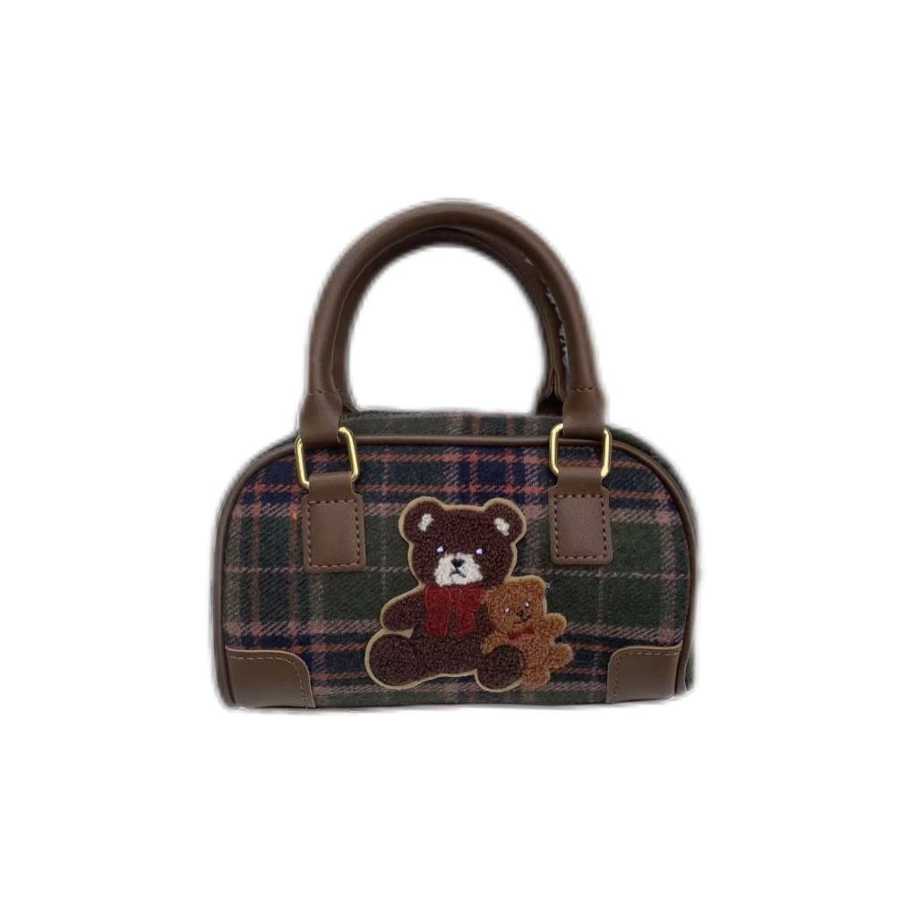 Artistic Retro Small Bear Embroidery Check Pattern Handbag For Outings Casual