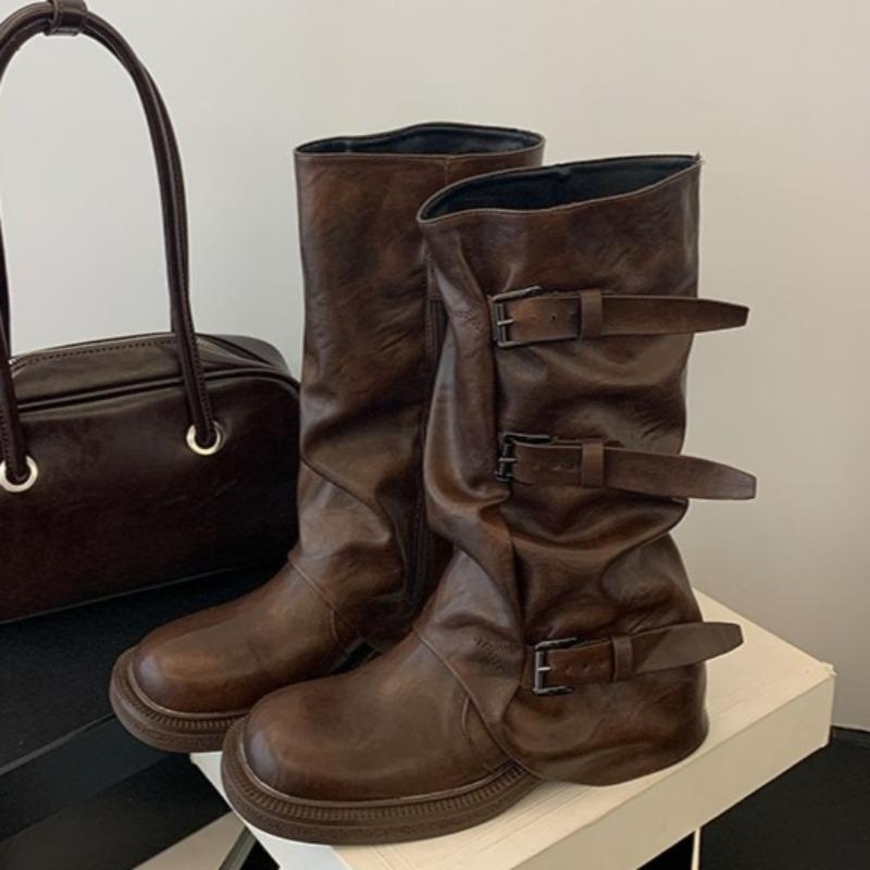 Belt Buckle Sleeve Boots Fashion Round Toe Waterproof Non-slip Block Heel Resistant Mid-leg Boots