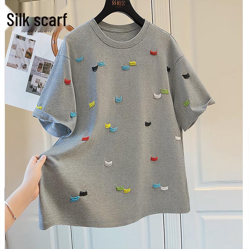 Women s 2025 Summer Beaded Color-Block Round Neck Short Sleeve T-Shirt S