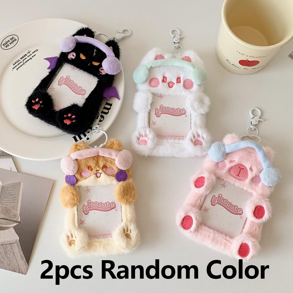 2pcs/set Ins Style Kawaii Plush Po Card Holder Cute Cartoon Animals Card Holder with Headphones Winter Kawaii Jewelry