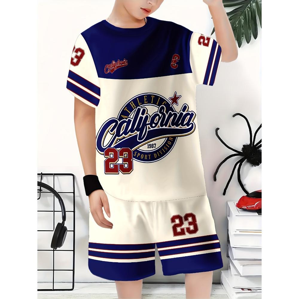Boys' fashionable 3D printed casual pullover, short sleeved shorts set