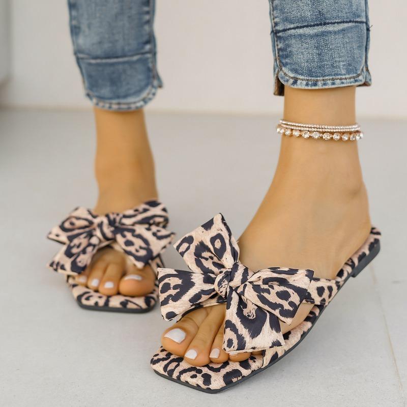 Ladies Flat Bottom Bow Leopard Print Beach Slippers Summer New Resort Sandals