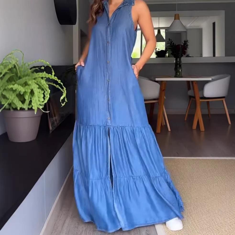 2026 Euro-American Loose Sleeveless Denim Shirt with Layered Skirt S синий