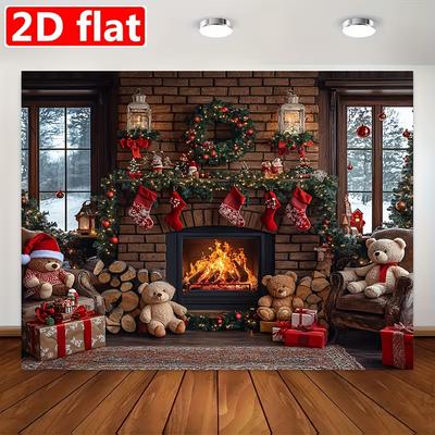 2D Weihnachten Feier Kulisse, Gemütliches Kaminfeuer & Teddybären Party Foto Hintergrund