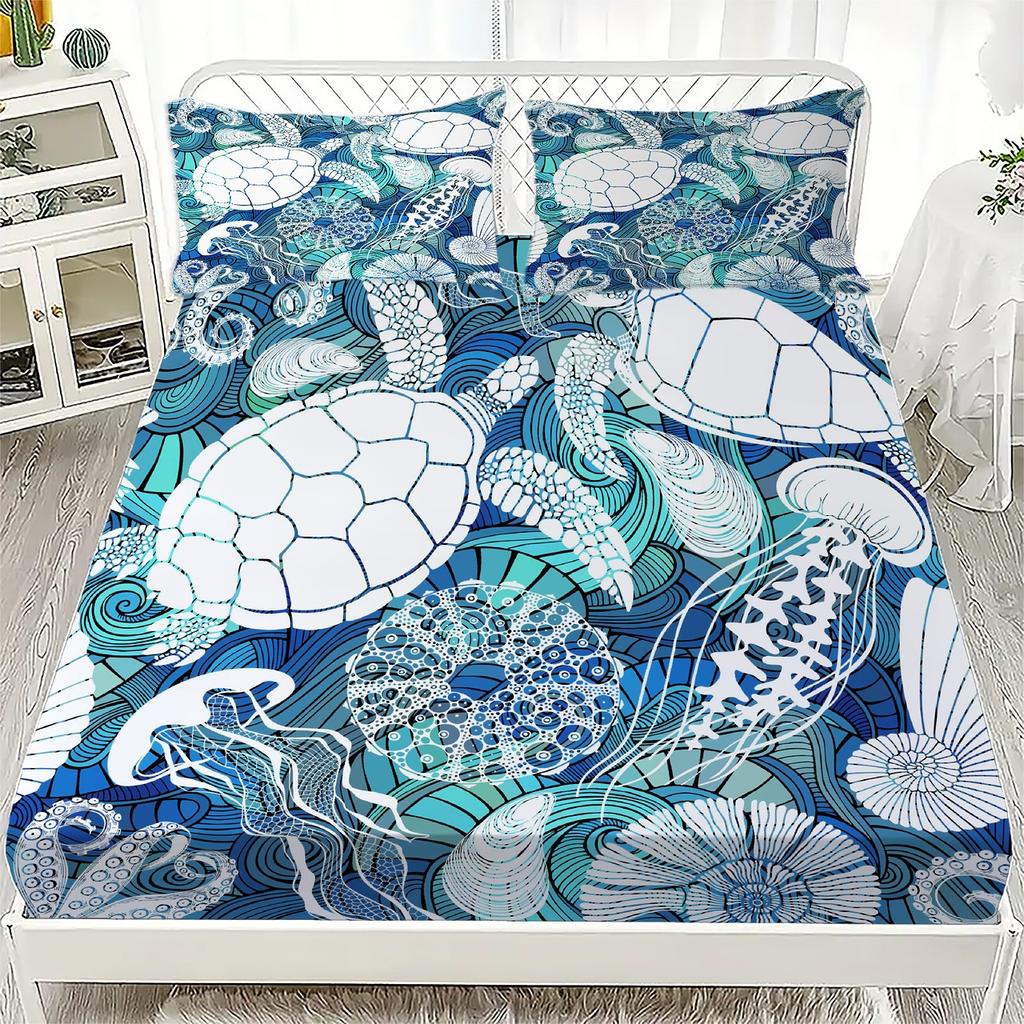 Underwater Ocean Theme Bed Sheet Set Blue White Coral Turtle Seashell Print 100% Cotton Fitted Sheet Breathable for Kids Room
