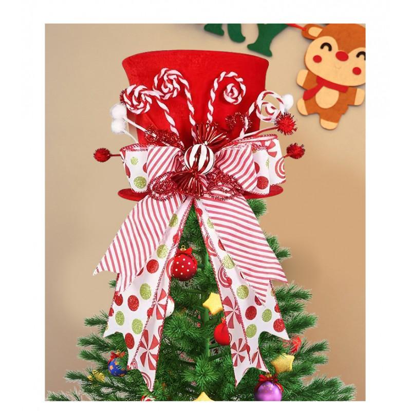 Christmas Tree Topper Hat Xmas Party Decoration Bow Star Cap