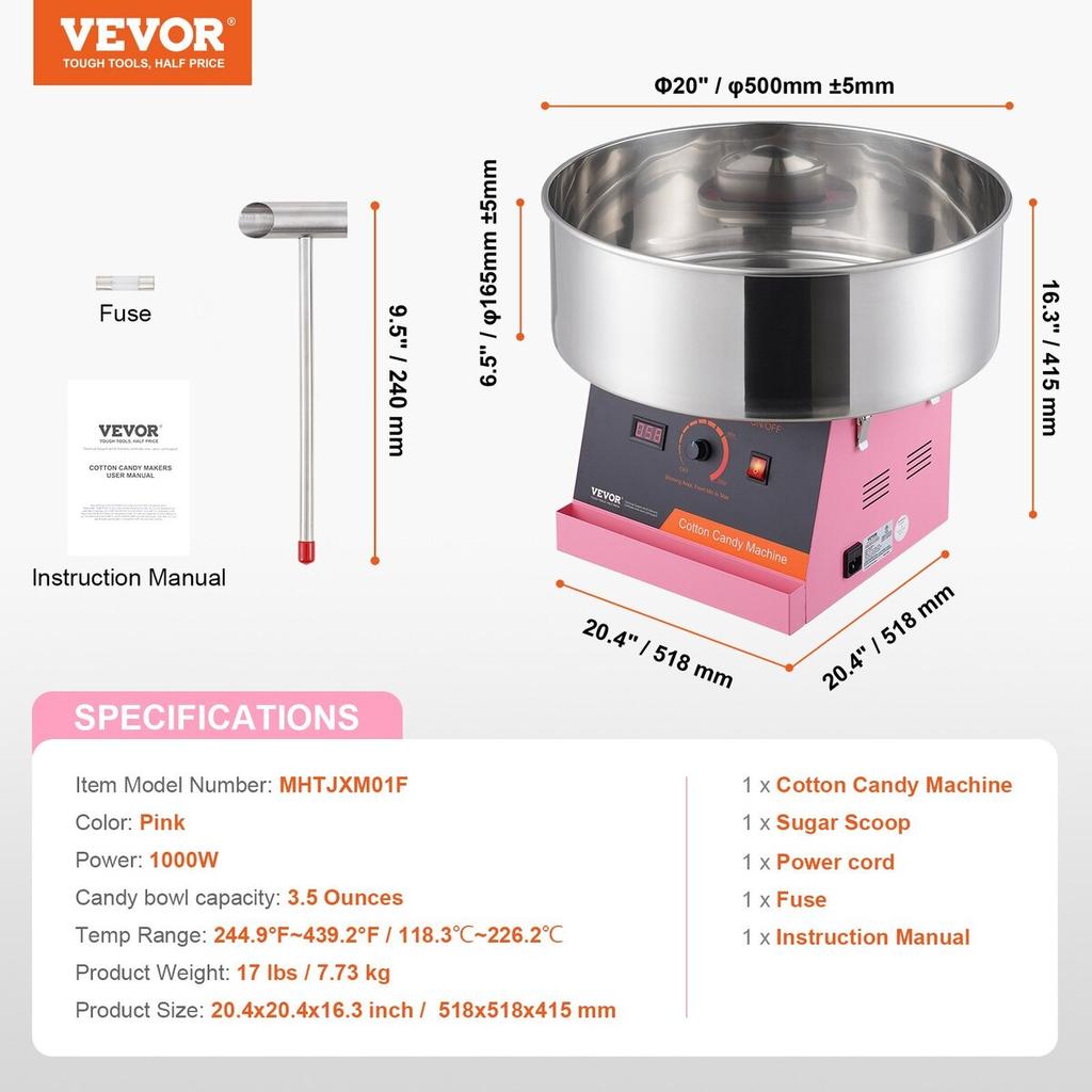 Electric Cotton Candy Machine, 1000W Candy Floss Maker, Commercial Cotton Candy Machine with Stainless Steel Bowl, and Sugar Scoop, Perfect for Home