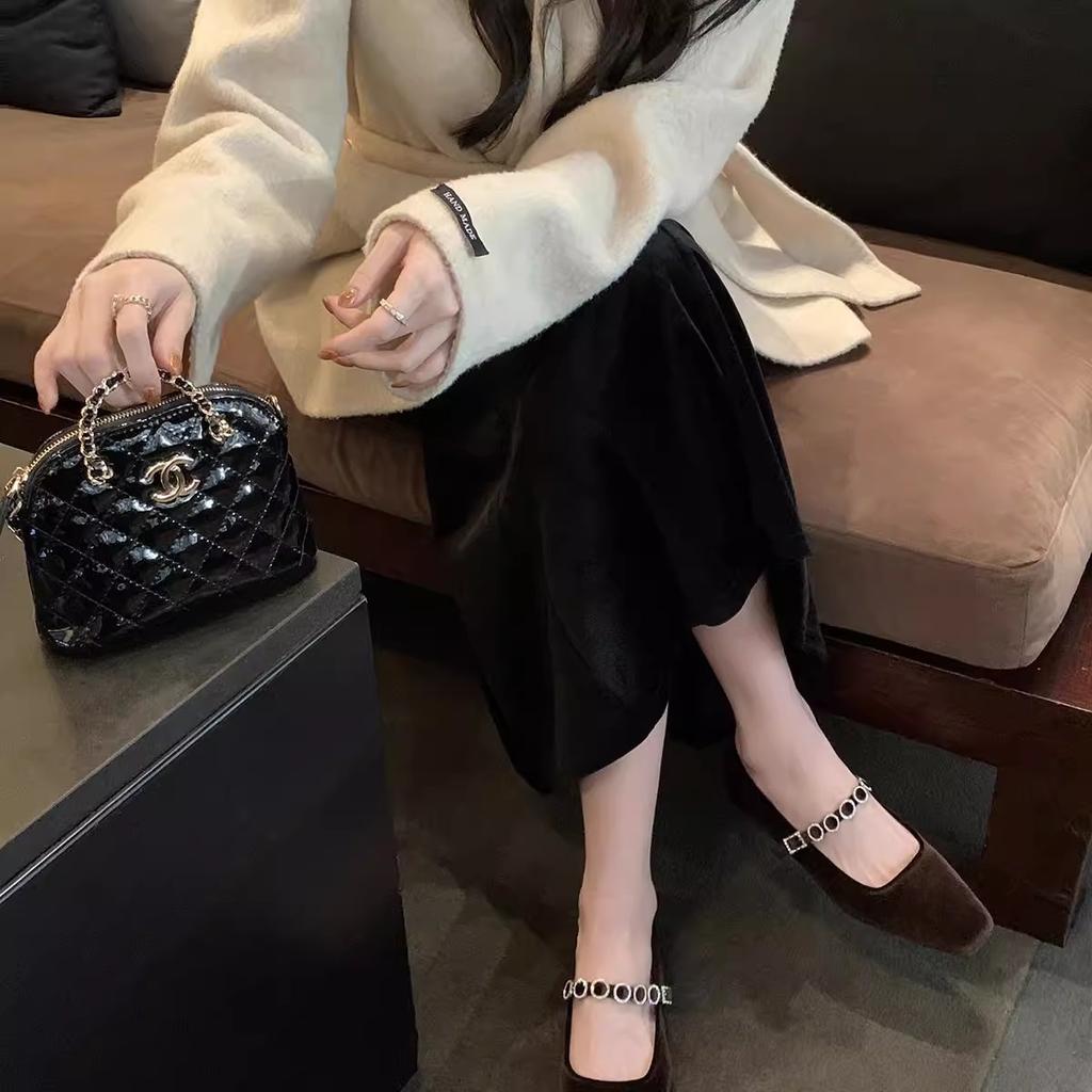 Genuine Leather~ Square Head Shallow Mouth High Heels One-word Diamond Belt Low Heel Suede Mary Jane Single Shoes