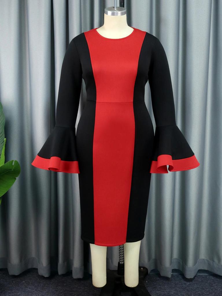 AOMEI Black Midi Dresses O Neck Long Flare Sleeve Patchwork Bodycon Evening Dinner Party Event Gowns Outfits for Women