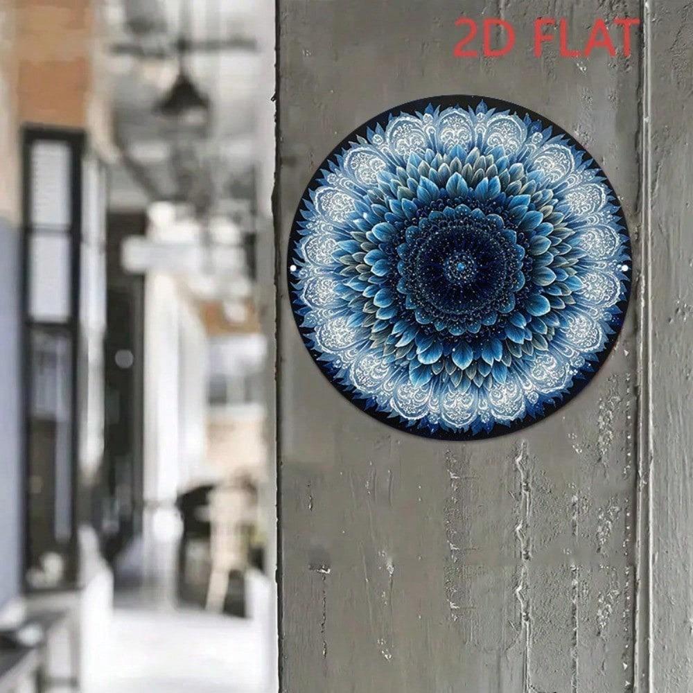 Vintage Retro Blue Sunflower Metal Wall Art 8x8 Inch Round Aluminum Geometric Floral Home Decor