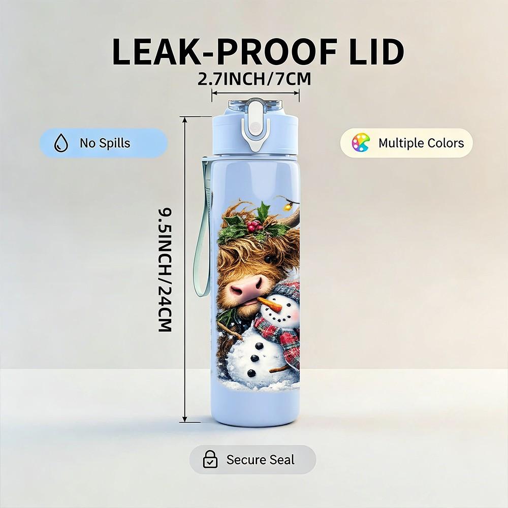 1PC Bear Snow Winter Christmas Cartoon 750ml Color Plastic Sports Water Bottle Leakproof Flip Straw Lid Suitable for Sports Office Home Use
