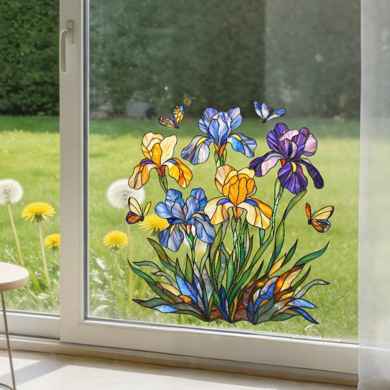 Spring Window Cling Stained Glass Floral Birds Butterflies Decorative Sticker Reusable Static Glass Decal