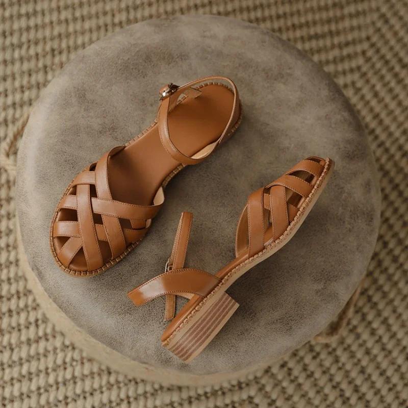 

Fashion Retro style Summer Women Sandals Fashion Elegant Weave Cover Toe Shoes Ladies Comfort Low Heel Beach Vacation Sandalias 35
