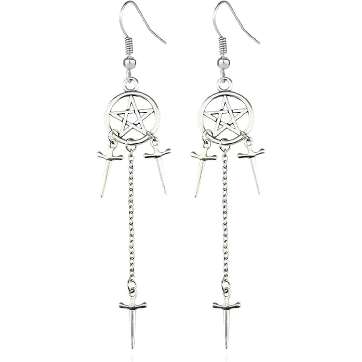 Gothic Sword Earrings for Men Women Goth Dagger Knife Sword Dangle Earrings Silver Stainless Steel Star Earrings Punk Retro Sword Earrings for Men Silver earrings