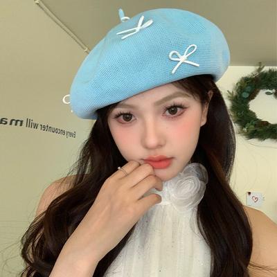 Women's Red Sweet Cute Bow Beret Summer Thin Knitted Hollow Face-Slimming Artist Hat