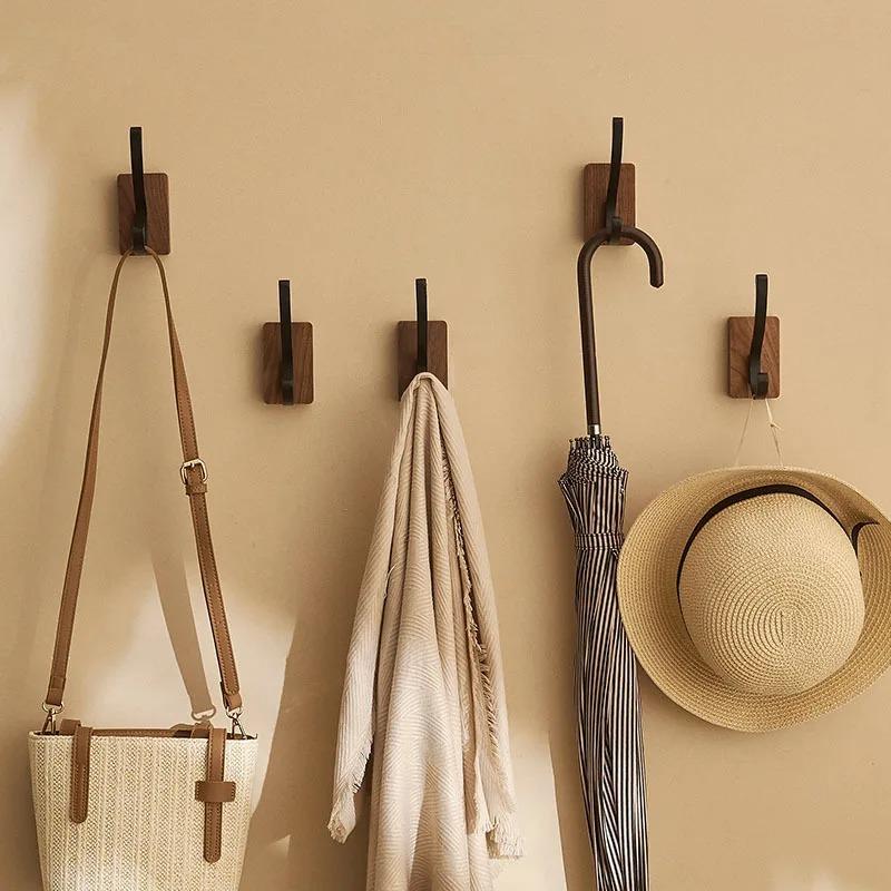 Self-adhesive Solid Wooden Hook Walnut Key Decorative Towel Holder Hook Door Hanger Wall Coat Rack Kitchen Bathroom Organizer