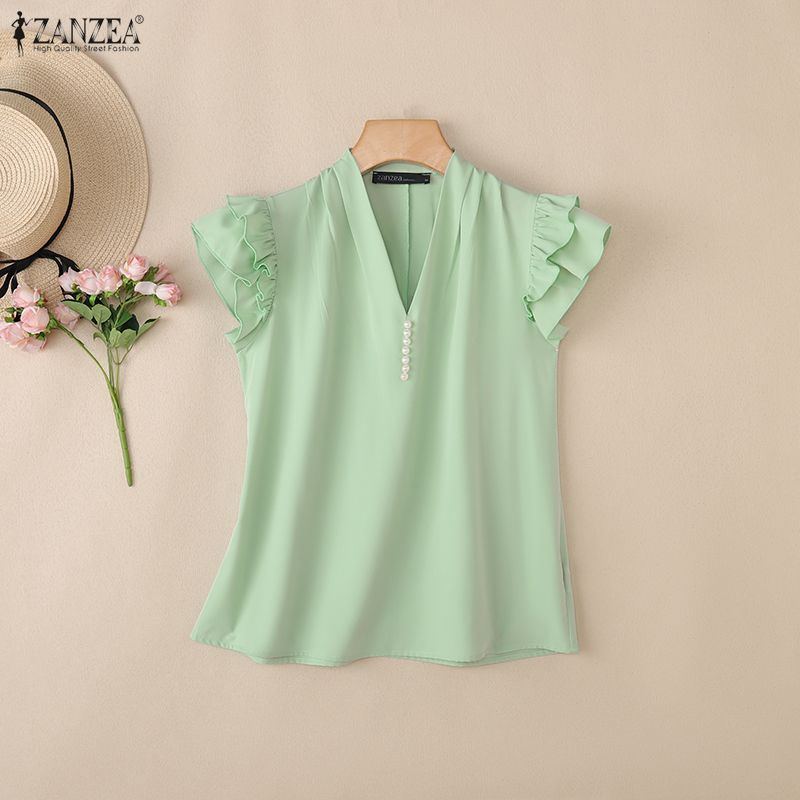 ZANZEA Women Casual V-Neck Ruffles Short Sleeve Elegant Blouse