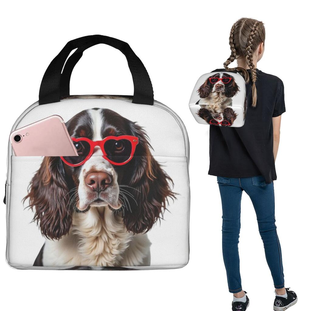 English Springer Spaniel Dog Wearing A Heart Shape Sunglasses Insulated Lunch Bag for Women Kids Food Boxes Thermal Lunch Box