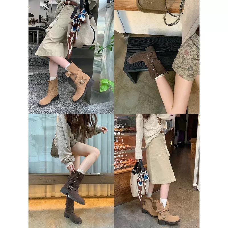Cowhide version~ retro style women's shoes heightened 5.5cm Martin boots women's Maillard thick-heeled boots thick-soled buckle-strapped short boots