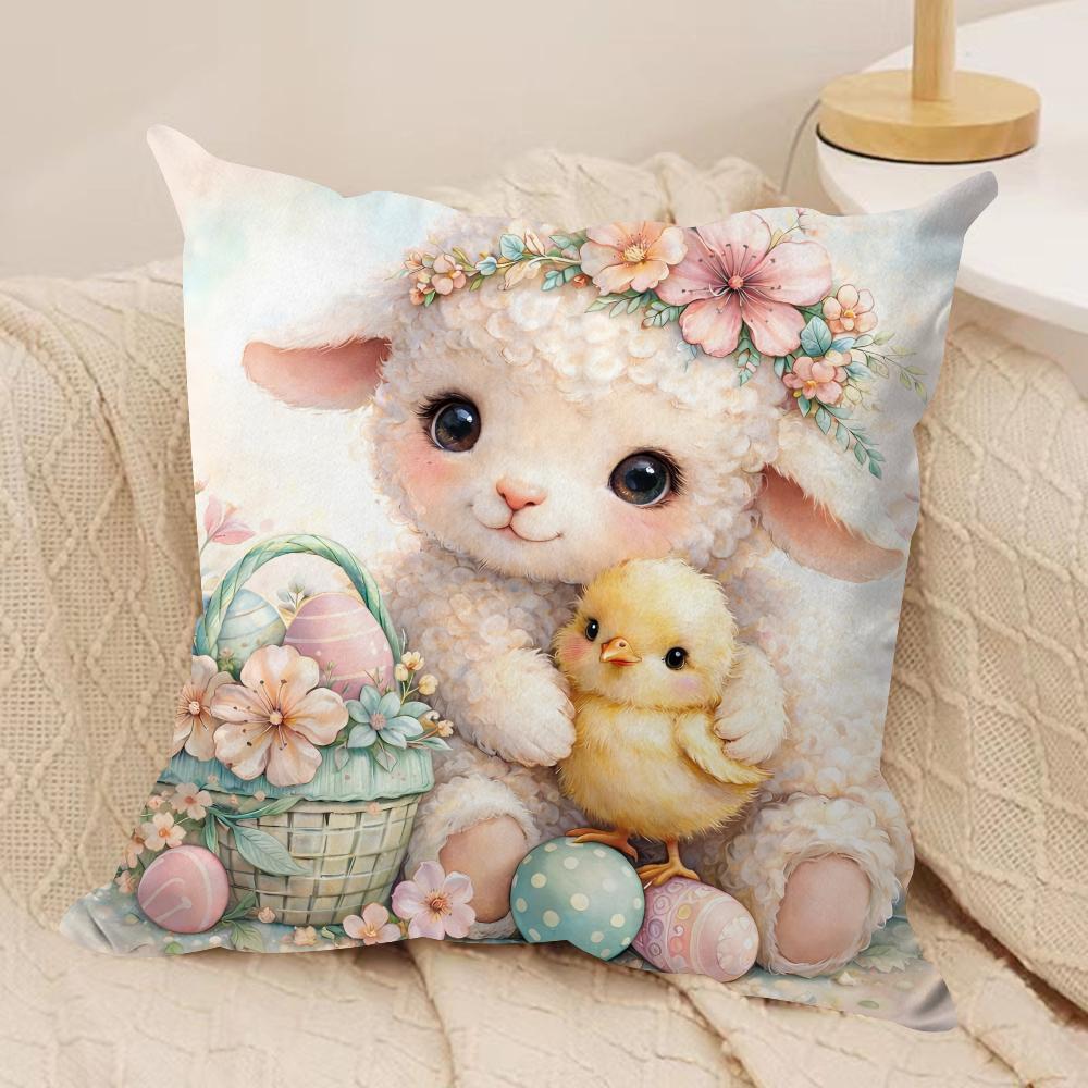 Little Lamb Easter Cushion Cover Silky Short Plush Invisible Zipper Dustproof Sofa Pillow Case For Home Decor