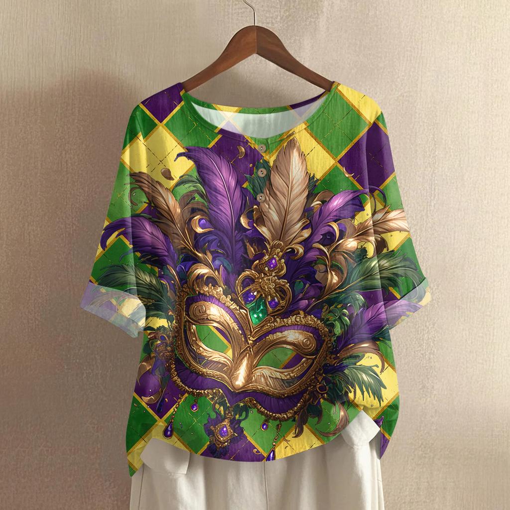 Women's Fashionable And Casual Shirt Half Sleeve Round Neck Print Cotton And Linen Blouse Top