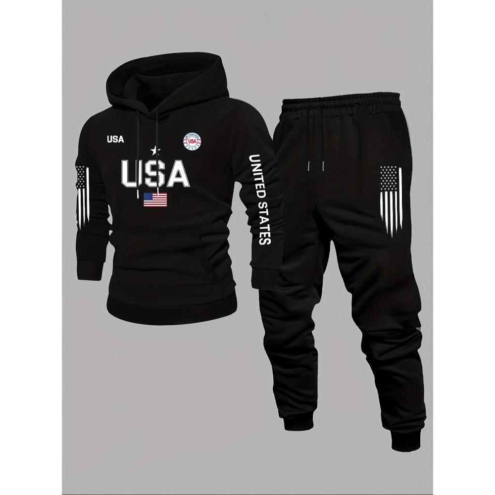 

Men s Casual 2 Piece Set with Letter Flag Print Drawstring Hooded Sweatshirt and Drawstring Outdoor Sporty Long Pants S