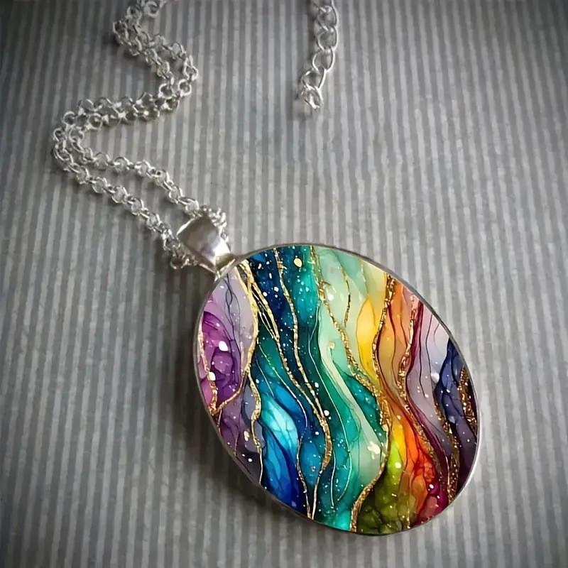 Fantasy Wave Pattern Glass Pendant Necklace With Chain For Fashion Enthusiasts