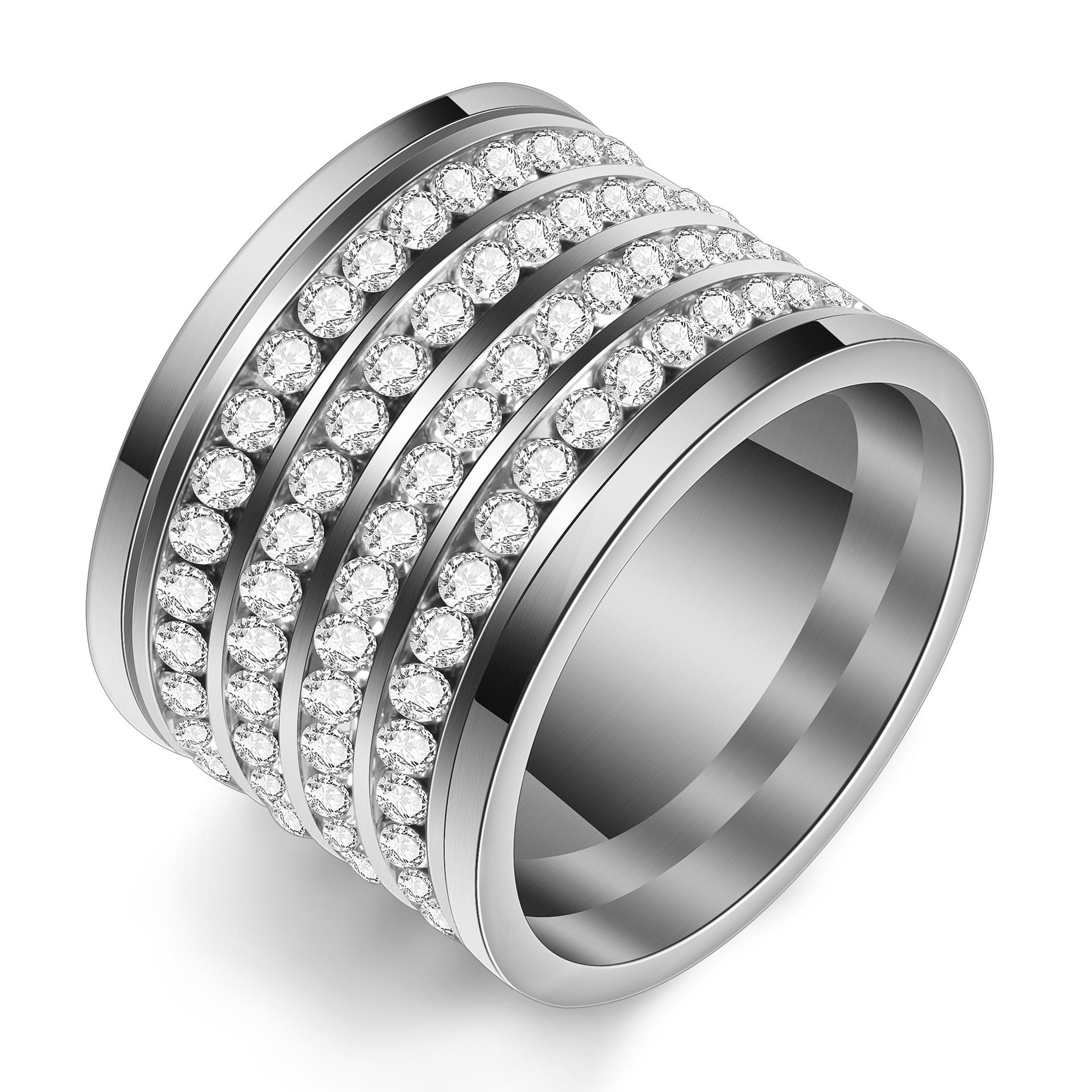 European-American Four-Row 20MM Rhinestone Stainless Steel Exaggerated Fashion Ring for Women Size 8