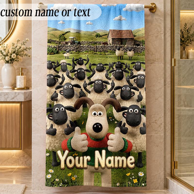 Beach TowelShaun the Sheep Custom Name Text Personalized Soft Towel for Beach Pool Indoor Home Decor Gift