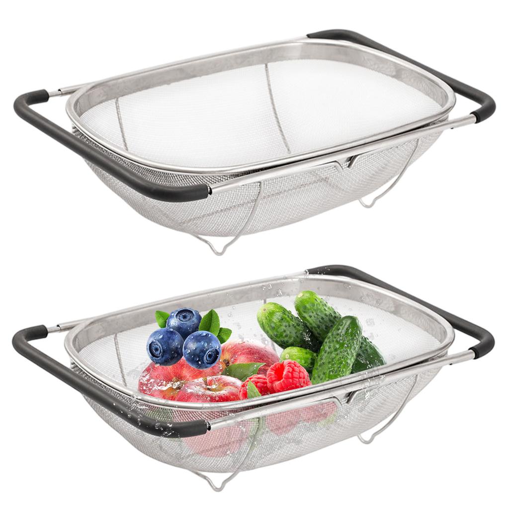 Stainless Steel Colander Strainer Multi-Purpose Vegetable Drain Basin Wear Resist Sink Drain Rack Retractable Dish Water Filter