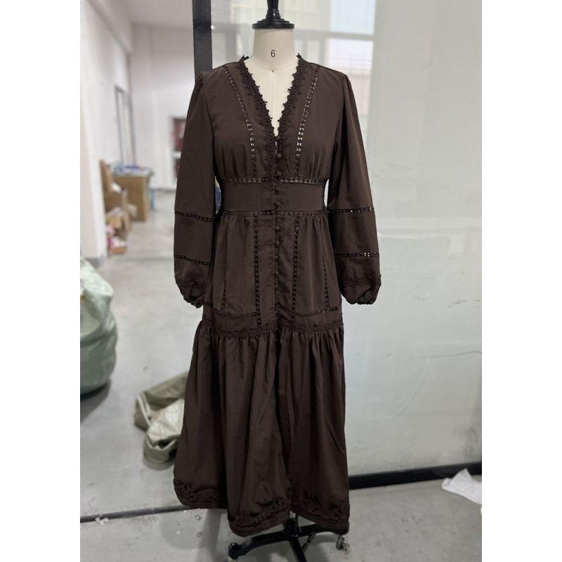 

Lantern Sleeve Dress Summer Women clothes Foreign Trade Casual All-matching V-neck Hollow Lantern Sleeve Dress Brown L