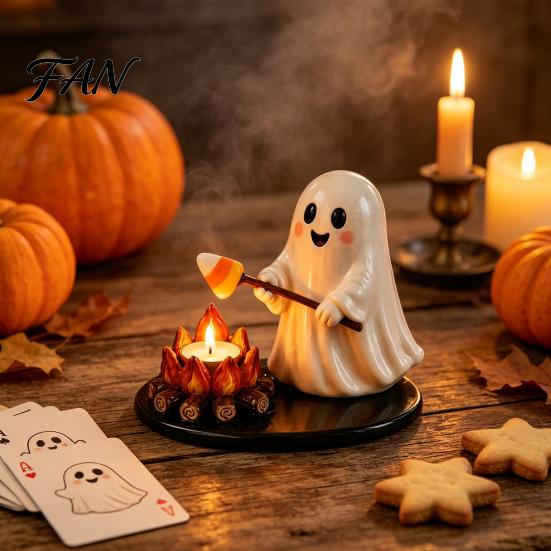Fall Theme Room Decor Halloween Campfire Tealight Holder, Mummy Ghost Scarecrow Resin Decorative Ornaments Candle Stand for Desk, Harvest Table