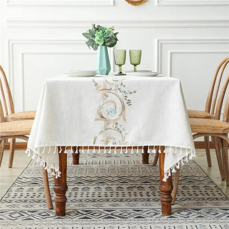 Floral Embroidery Tassel Tablecloth, Cotton Linen, Dust Proof Table Cover, Kitchen, Dining Room,Home Party, Tabletop Decor