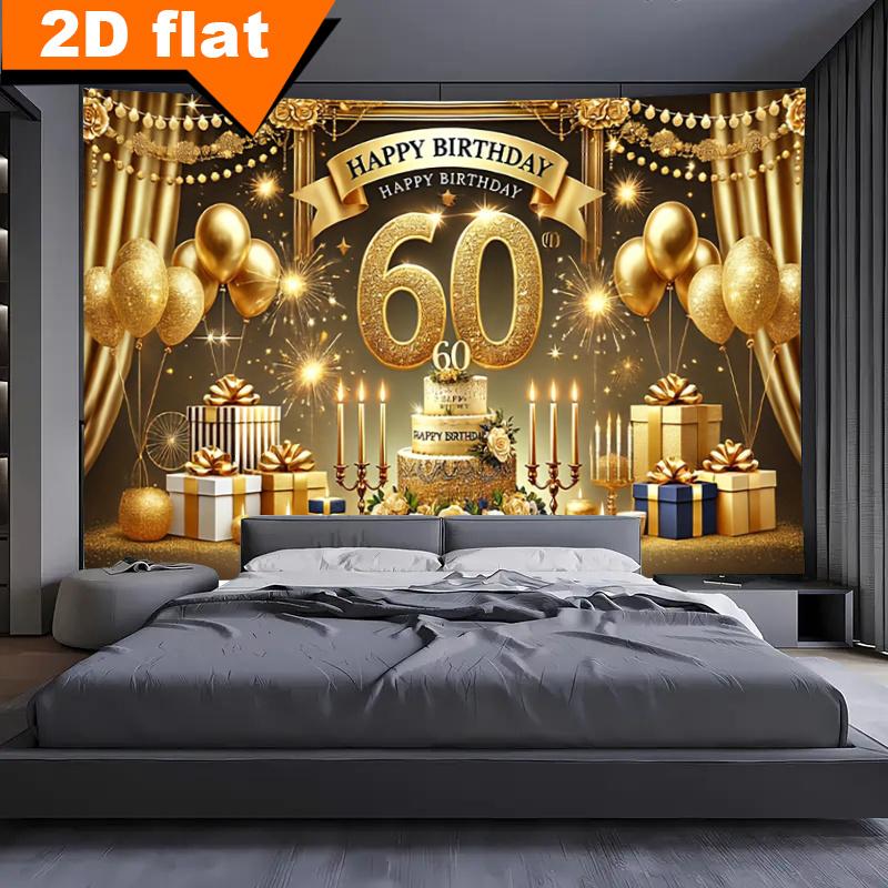 2D Plane - 1 Piece - Luxurious 60th Birthday Polyester Banner - Golden Glitter - Happy Birthday At 60 - Background Cloth