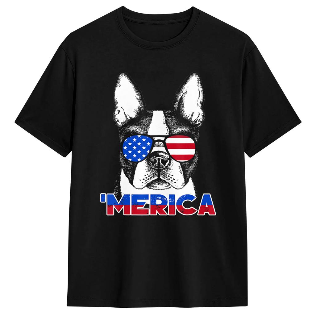 Boston Terrier 4th Of July Patriotic Dog Tshirt Trending T Shirts Shortsleeved Streetwear Tshirt 100 Cotton Oversize Tees