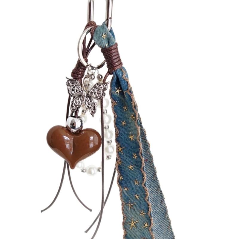 

Braided Rope Keychain Denims Heart Bag Pendant Charm Fashion Backpack Accessories for Handbag,Purse Decorations Gifts 1