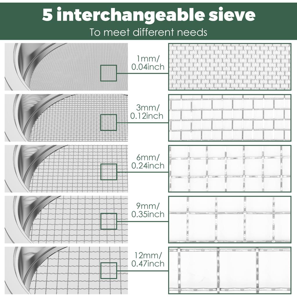 Garden Soil Sieve Set Stainless Steel Rock Sifter Screen with 1/3/6/9/12 mm Replaceable Sieve Mesh Garden Plant Nursery Tools