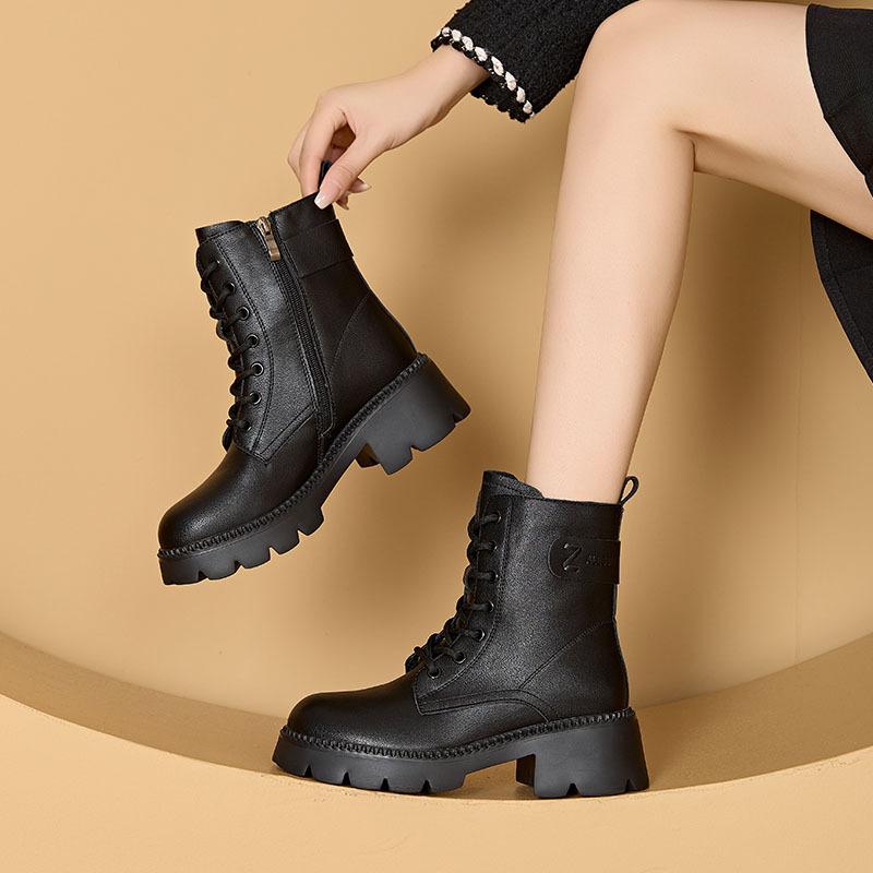 Thick-soled Martin Boots Women's New Autumn and Winter Boots Leather High-heeled Velvet Short Boots