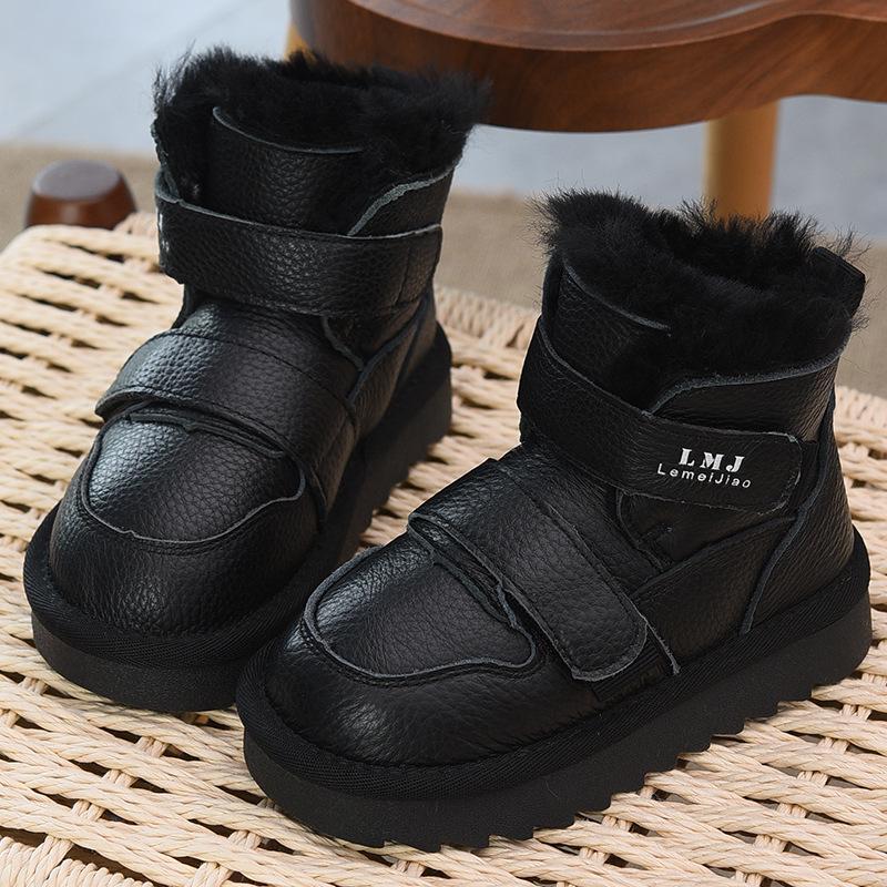 

2025 Genuine Leather Kids Snow Boots with Fleece, Thick, Warm, Cotton-Lined for Girls & Boys Size 26: 16.8cm чорний